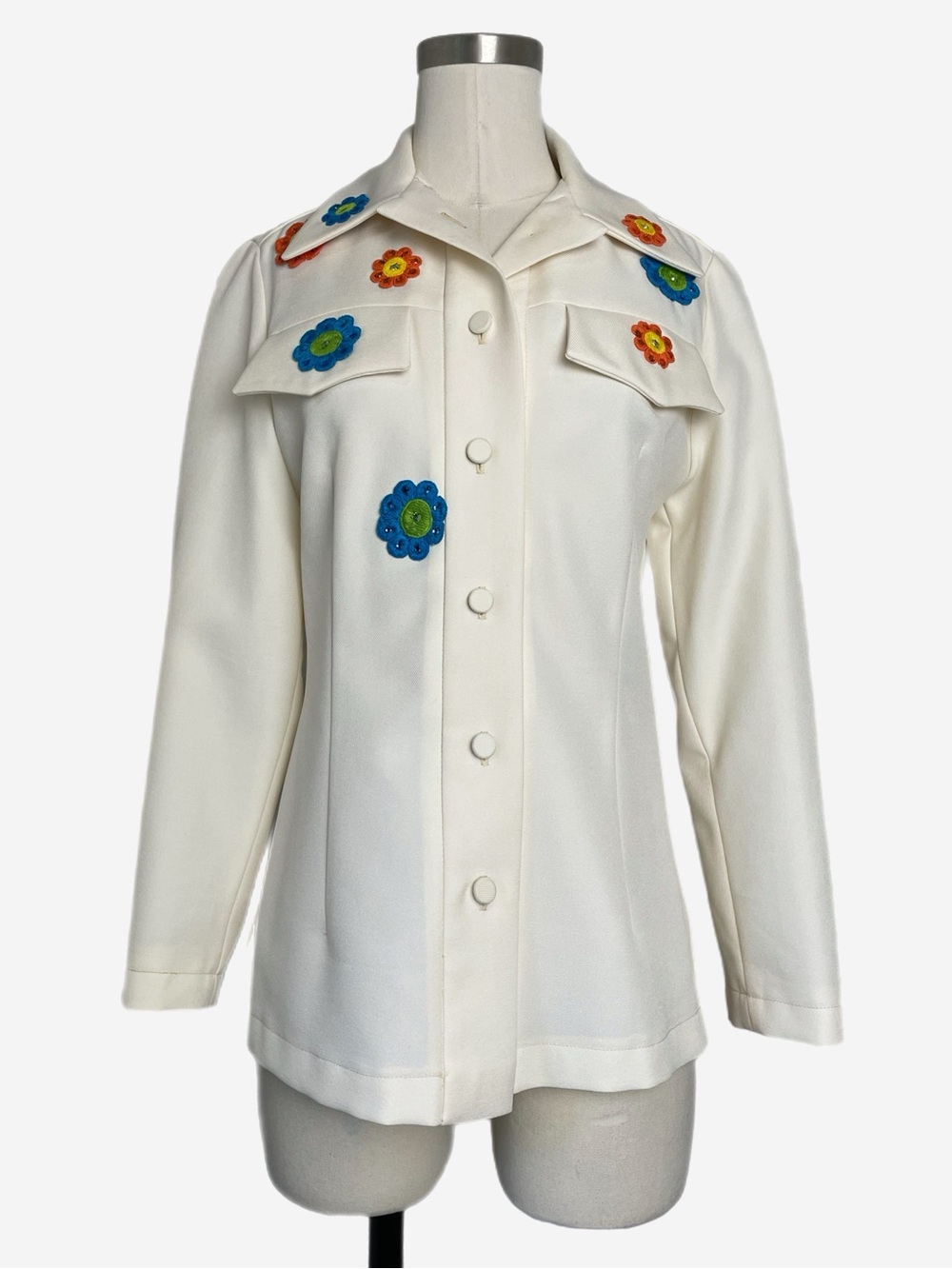 Vintage 60s/70s Domani ivory collared floral embroidered shirt hippie retro S